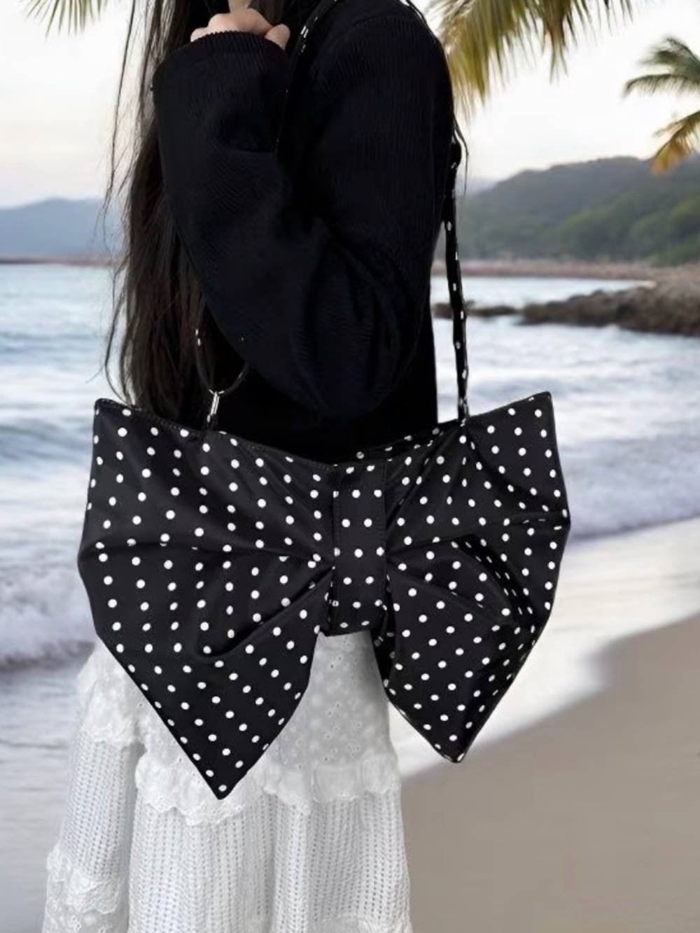 Black Polka Dot Bow Shoulder Bag - Women